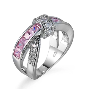 Crossed 925 silver ring with princess cut pink zircon and white round crystals