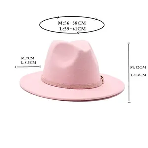 Pink wool fedora hat with size chart showing brim width and head circumference