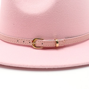 Pink wool felt fedora hat featuring matching leather band and gold metal buckle detail