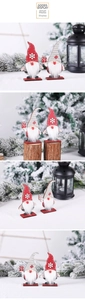Macro detail of red and grey wooden Christmas gnomes with snowflake hats and plush beards