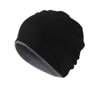 Winter windproof color-block knit beanie with soft dark grey lining on white background