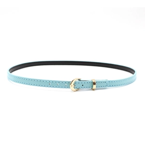 Close-up of light blue leather belt with golden round buckle and fine stitching detail