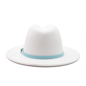 Classic white wool felt wide brim fedora hat with light blue leather band and gold buckle
