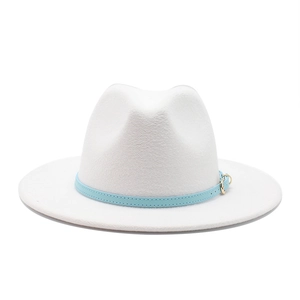 Classic white wool felt wide brim fedora hat with light blue leather band and gold buckle