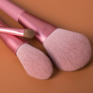Close-up of pink animal hair makeup brushes with metallic handles for precise application