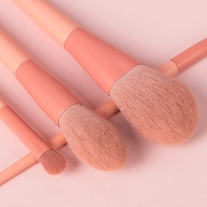 Close-up of five pink makeup brushes with soft bristles and RT logo engraving