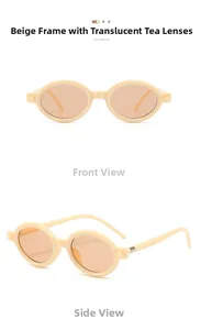 Close-up of beige oval sunglasses with tea lenses and metallic hinge detail