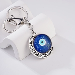 Turkish Style Evil Eye Crescent Moon Pendant Keychain Silver Metal Alloy Keyring Blue Glass Bead Bag Hanging Accessory