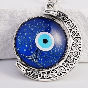 Silver crescent moon keychain with blue evil eye and tree of life glass charm