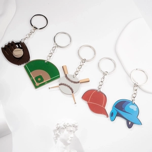 5-piece acrylic baseball keychain set including glove, bat, cap, and helmet designs