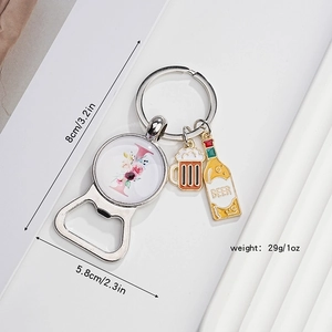 Detailed size chart of a 26-letter metal beer bottle opener keychain with charms