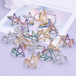 Stainless Steel Star Ring Adjustable Open Jewelry For Women Minimalist Style Hollow Cutout Pentagram Gold Silver Rainbow