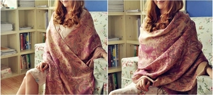Close-up of bohemian style purple floral jacquard scarf with premium vintage pattern detail