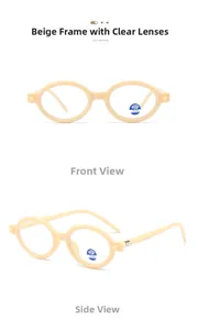 Detail view of round beige frames with blue light blocking radar lens label and classic style