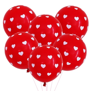 Bunch of six red latex balloons with white heart prints for Valentine's Day decor
