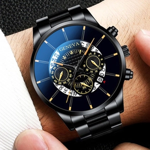 Close-up of Geneva men's black alloy mesh watch with blue gradient dial and calendar
