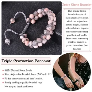 Pink zebra stone double-layer braided bracelet with adjustable cord for women and men