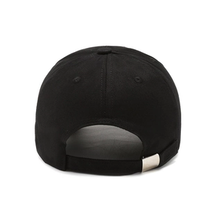 Classic black embroidered baseball cap with adjustable strap and metal buckle rear view