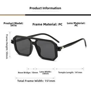 Detailed size chart for retro double-bridge polygonal sunglasses with PC frame measurements