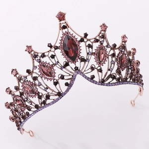Classic Baroque black bridal crown with dark red crystals and vintage bronze metal frame