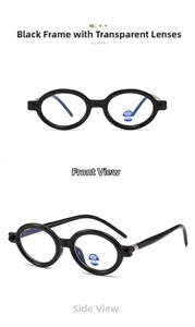 Close-up of retro black oval frames with transparent blue light blocking lenses