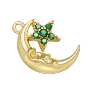 Gold moon and star pendant with sparkling green cubic zirconia and anthropomorphic face