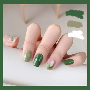 Faux Ongles Press On Vert Forêt Court Carré Feuille D Or Design Marbre Artificiel Imperméable Brillant Naturel Femmes