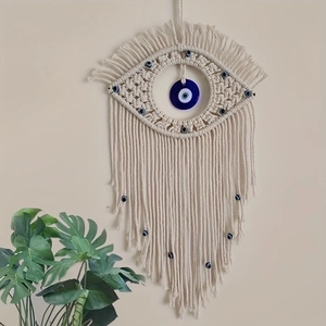 Bohemian handmade macrame Evil Eye wall hanging tapestry with blue beads and long tassels