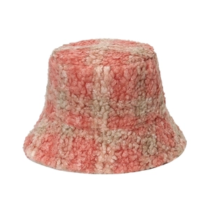 Classic pink checkered faux fur bucket hat for women in a vintage autumn winter style