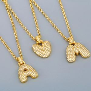 Initial Letter Pendant Necklace 18K Gold Plated Copper Pave Cubic Zirconia Bubble Alphabet Hip Hop Jewelry Women