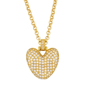 Golden rolo chain necklace with a heart pendant featuring sparkling pavé cubic zirconia
