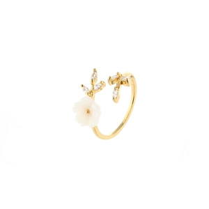 Elegant gold flower open ring with white petals and crystal leaf accents on white background