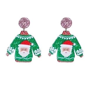 Festive Santa Claus ugly sweater earrings in green acrylic with pink glitter studs