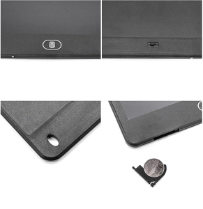 Detail view of 12-inch writing tablet showing CR2025 battery slot and lock switch