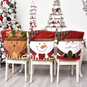 Christmas Chair Back Cover Cartoon Santa Snowman Reindeer Linen Brushed Fabric Tartan Plaid Festive Dining Room Decor