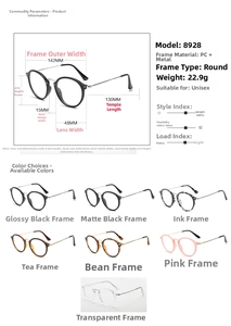 Especificaciones de gafas redondas de metal con medidas y 7 opciones de colores