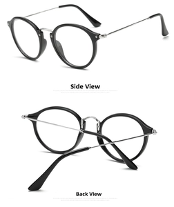 Vista lateral y trasera de las gafas redondas retro negras con patillas metálicas