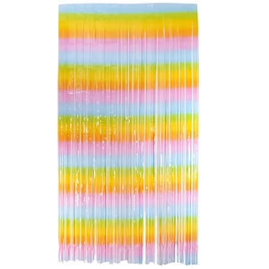 Detail of gradient rainbow foil fringe curtain for birthday party backdrop decoration