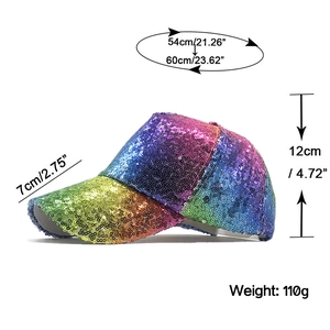 Detaillierte Größentabelle für Regenbogen-Pailletten-Kappe mit verstellbarem Umfang