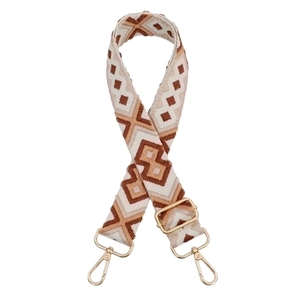 Adjustable crossbody bag strap with brown and beige geometric diamond pattern and gold hooks