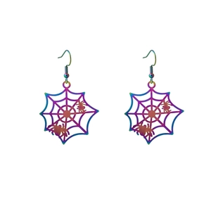 Iridescent spider web earrings with metallic gradient finish for Halloween style