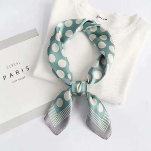 Mint green silk square scarf with white polka dots and geometric borders for women