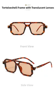 Detailed views of retro double-bridge sunglasses in tortoiseshell frames and tea lenses