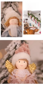 Detail of Christmas angel ornaments with tulle skirts and sparkling wings for tree decoration