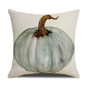 Detailed view of harvest pumpkin print on linen pillowcase with watercolor style