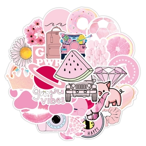 Close-up of pink VSCO girl aesthetic stickers for decorating water bottles and laptops