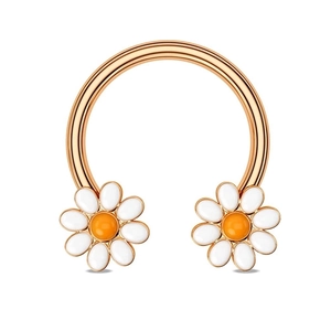 Macro detail of golden U-shaped piercing ring with white and orange daisy flower charms