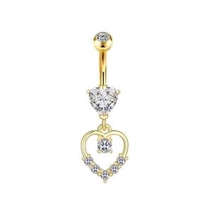 Detail of gold belly ring featuring sparkling heart-shaped zircon and curved barbell bar