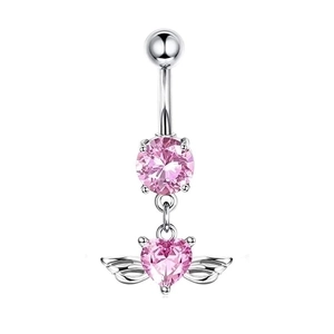 Piercing de ombligo de acero con circonita rosa de corazón y alas de ángel plata