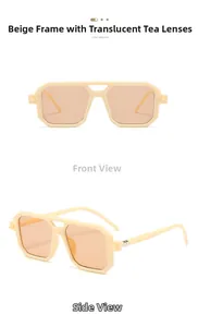 Front and side view of geometric cream frame sunglasses with light tea lenses